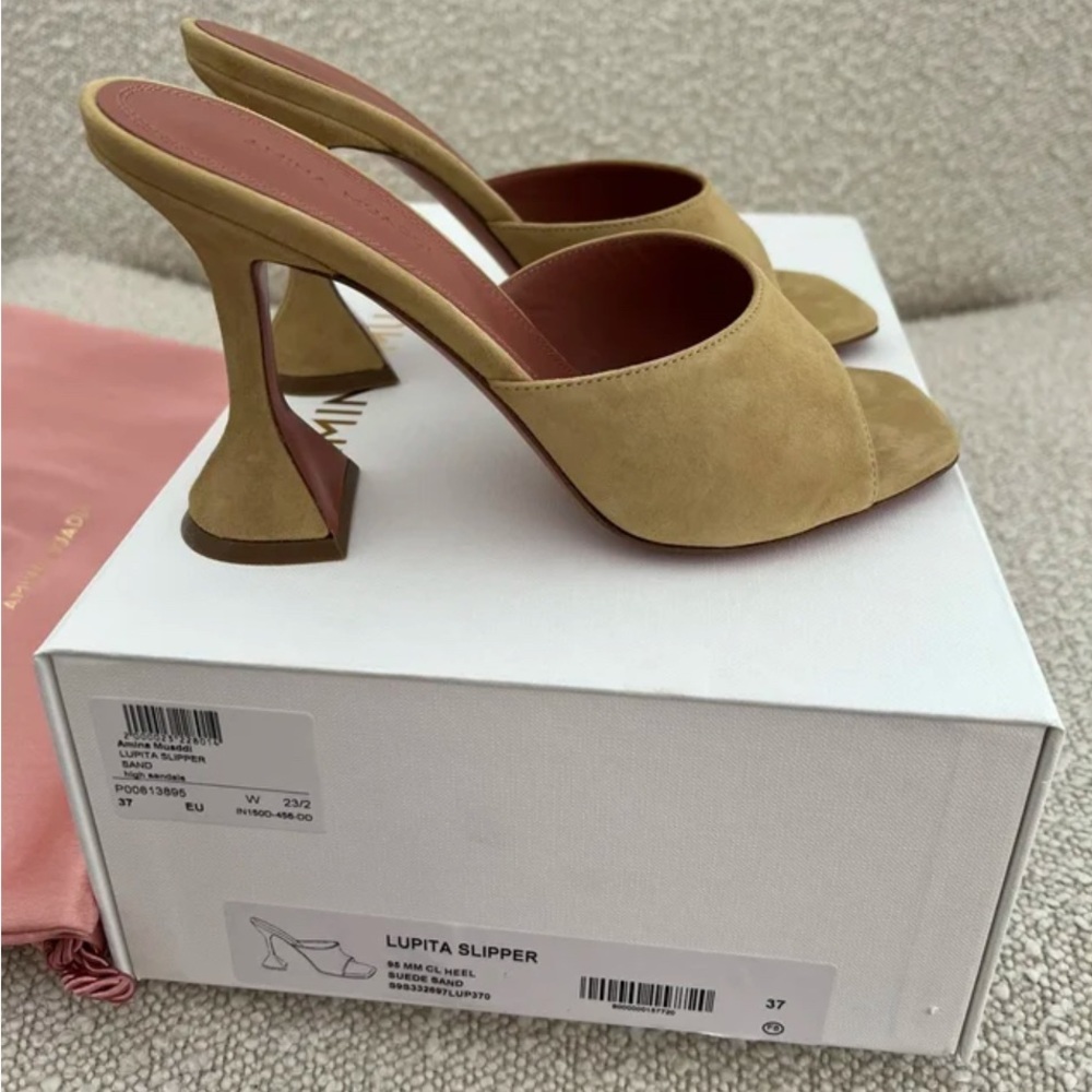 Amina Muaddi LUPITA SUEDE SLIPPER 95 MM CL HEEL SAND size 37 - Picture 6 of 7